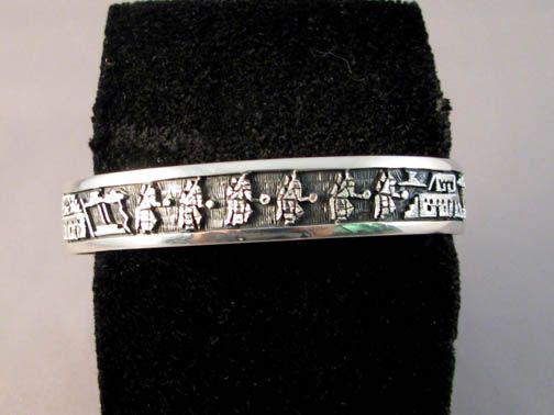 Native American Hopi Made Longhair Katsinam Overlay Cuff Bracelet