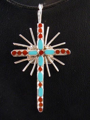 Native American Zuni Made Sterling Silver Cross Pendant With Turquoise And C At Kachina House - Native American Turquoise Cross Pendant Native American Zuni Made Sterling Silver Cross Pendant With Turquoise And C At Kachina House - Native American Turquoise Cross Pendant