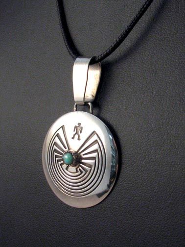 Native American Navajo Made Man In The Maze Pendant With Turrquoiseat Kachina House - Man In The Maze Silver Pendant Native American Navajo Made Man In The Maze Pendant With Turrquoiseat Kachina House - Man In The Maze Silver Pendant