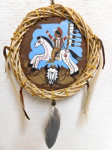 Native American Apache Made Painted Shield Of Plains Warrior On