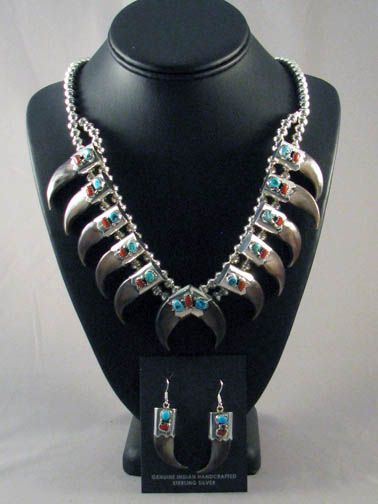 Native American Navajo Made Bear Claw Necklace and Earrings