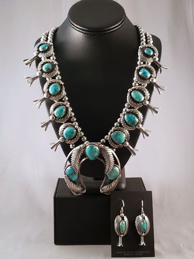 Silver And Turquoise Squash Blossom Necklace