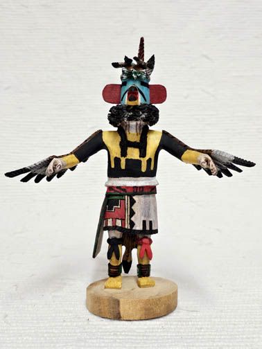 Hopi Konin Supi Kachina / Katsina Doll with shield and feathers