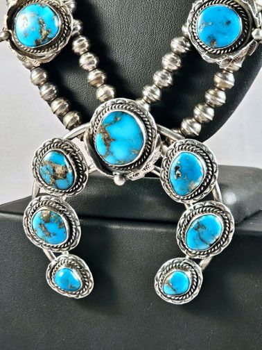 Best Vintage Native American Navajo Morenci Turquoise Sterling Silver Squash Blossom Necklace