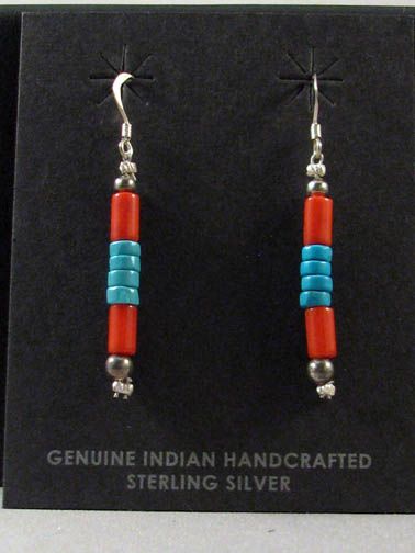Native American Navajo Made Earrings with Turquoise and Coral