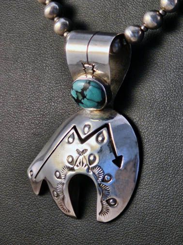 100+ Gram Vintage Native American Navajo Turquoise Sterling Silver Bear Necklace