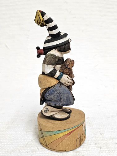 Native American Hopi Carved Clown Katsina Doll Holding a Puppy at