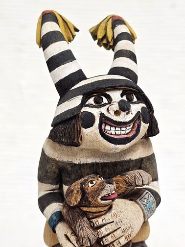 Native American Hopi Carved Clown Katsina Doll Holding a Puppy at