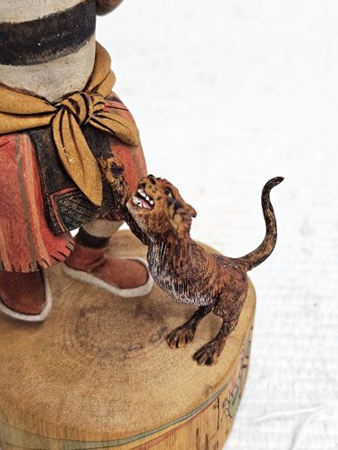 Native American Hopi Carved Clown Katsina Doll Teasing a Cat at