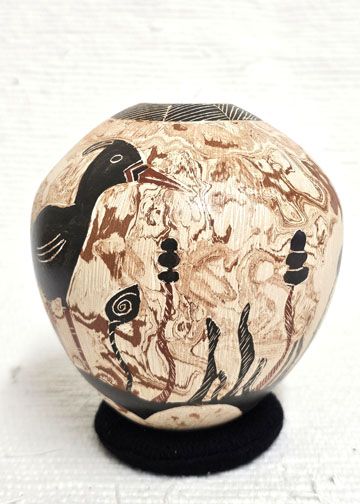 MARTE フミエタナカ フミカウチダ　エリコカトリ Mata Ortiz Handbuilt and Handetched Pot with Waterbirds| Kachina House
