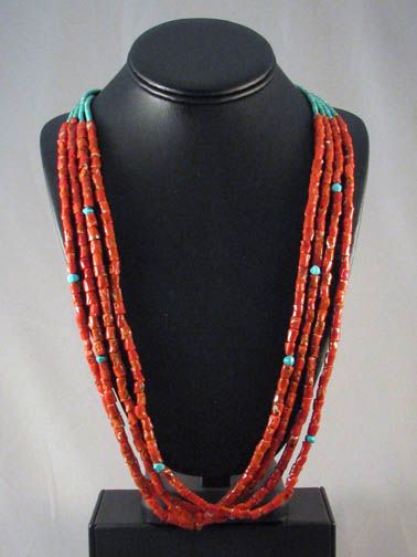 Vintage Native American Made Four-Strand Coral and Turquoise Necklace