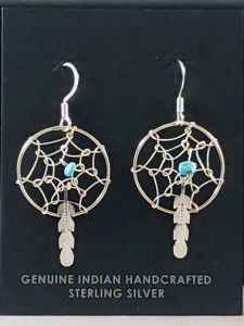 Native American Navajo Made Dreamcatcher Earrings with Turquoise Stone
