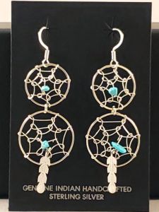 Native American Navajo Made Dreamcatcher Earrings with Turquoise Stone